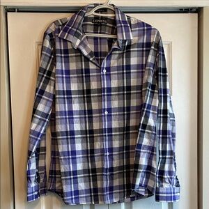 Express Men's Purple and Black Checkered Shirt - Modern Fit